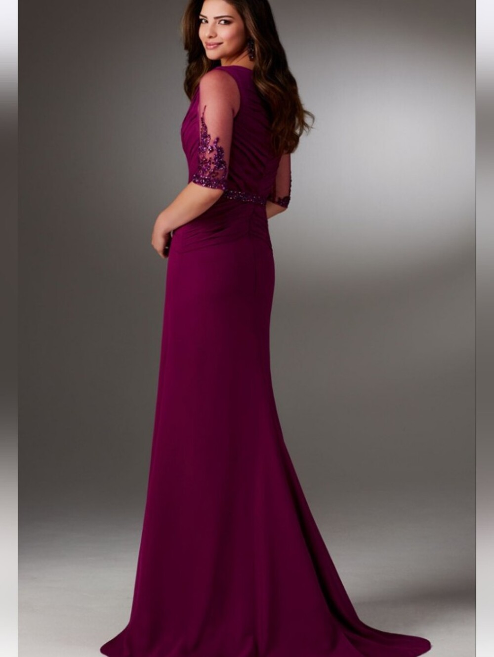 Elegant Plum Evening Gown with Embellished Sleeves